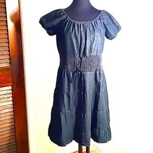 Wear a Bouts Black Denim Dress w/Ruched Elastic Waist & Lace-up Tie, Size Medium